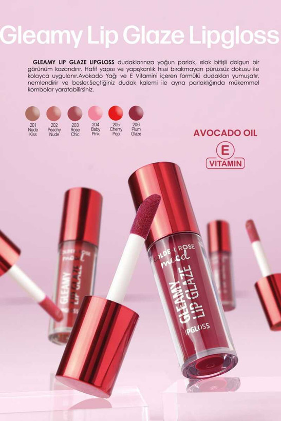 برق لب Gleamy گلدن رز Lip Glaze حاوی روغن آووکادو و ویتامین E